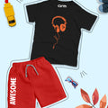Black Graphic Head Phone Printed T-Shirt & Red Short Set
