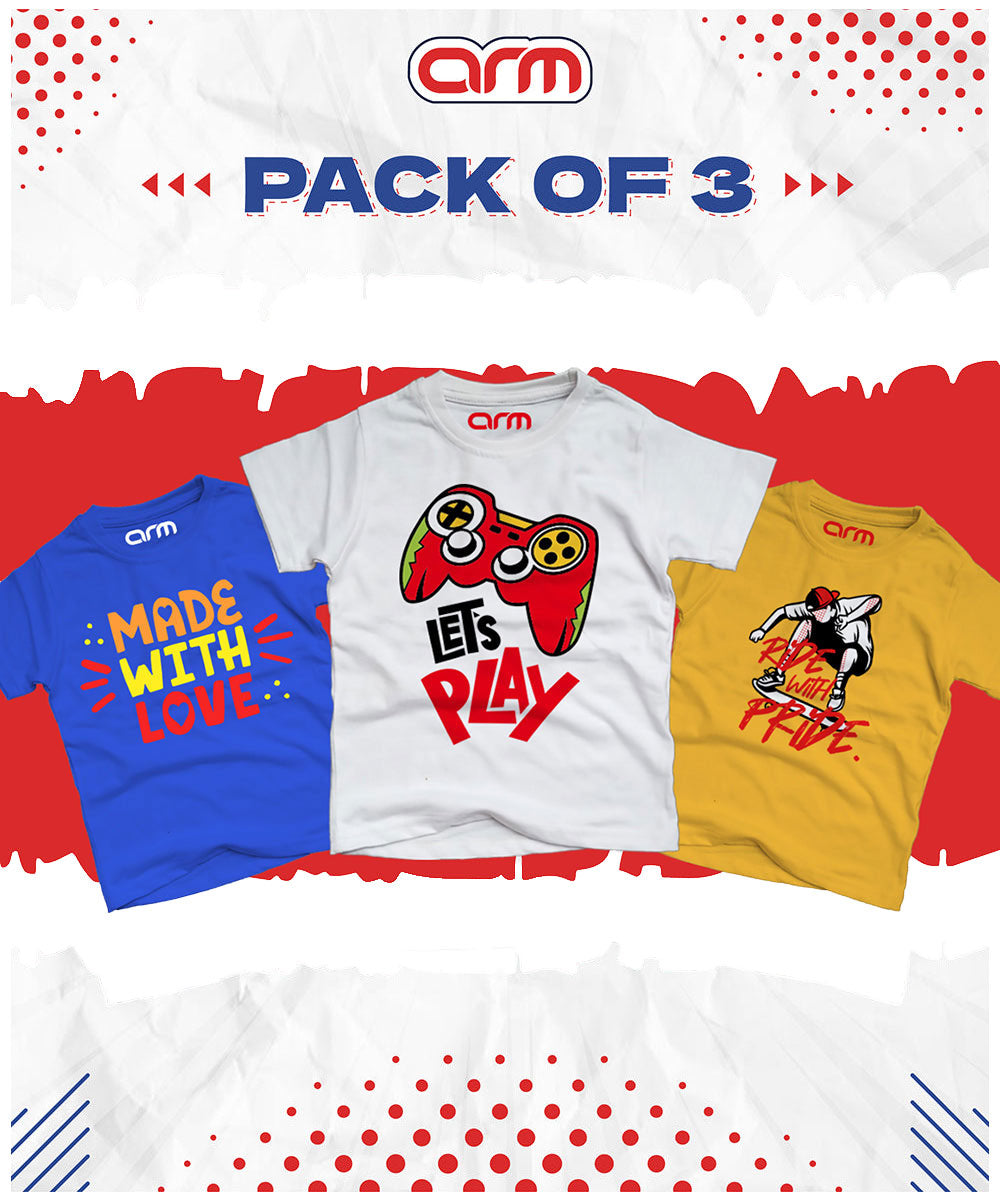 Pack of 3 T-Shirt For Kids - (MADELOVE-LETSPLAY-RIDEPRIDE)