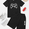 Black Graphic Joystick Printed T-Shirt & Black Short Set