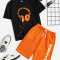 Black Headphone Printed T-Shirt & Orange Plain Short Set