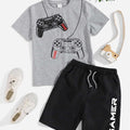 Heather Gray Graphic Double Joystick Printed T-Shirt & Black Short Set