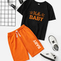 Black Hello Baby T-Shirt & Orange Printed Short Set