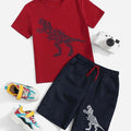 Red Graphic Dinosour Printed T-Shirt & Black Short Set