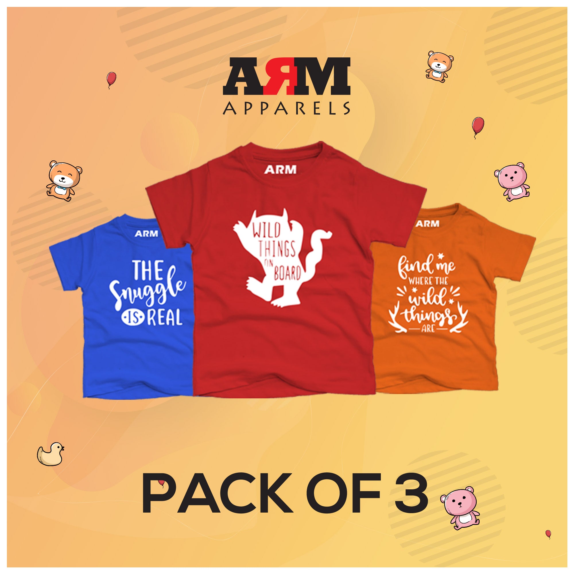 Pack of 3 T-Shirt For Kids - SNUGLE-FINDME-WILDTHINGS
