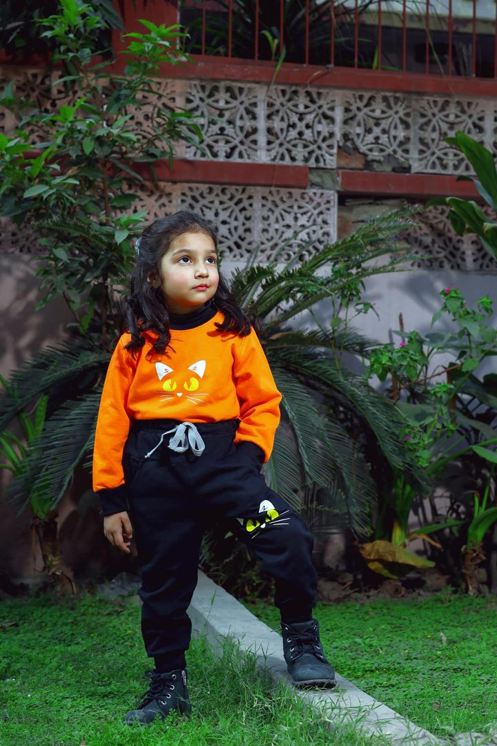Cat Face Contrast Tracksuit for Kids
