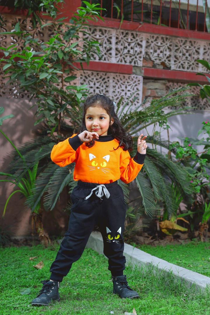 Cat Face Contrast Tracksuit for Kids