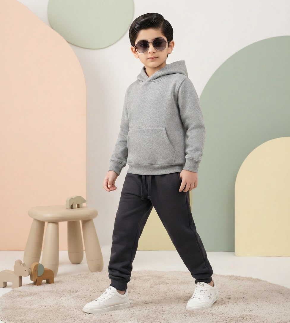 Basic Heather Gray Hoodie & Trouser Set for Kids