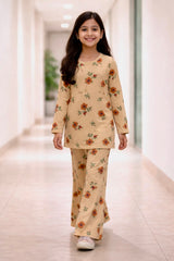 Beige Flower Pattern T-Shirt & Trouser For Girls