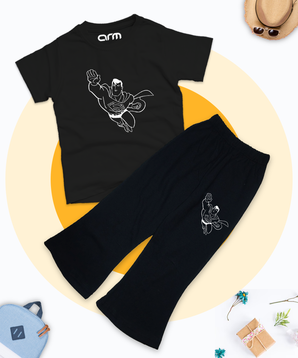 Black Graphic Superman Tee & Trouser for Kids