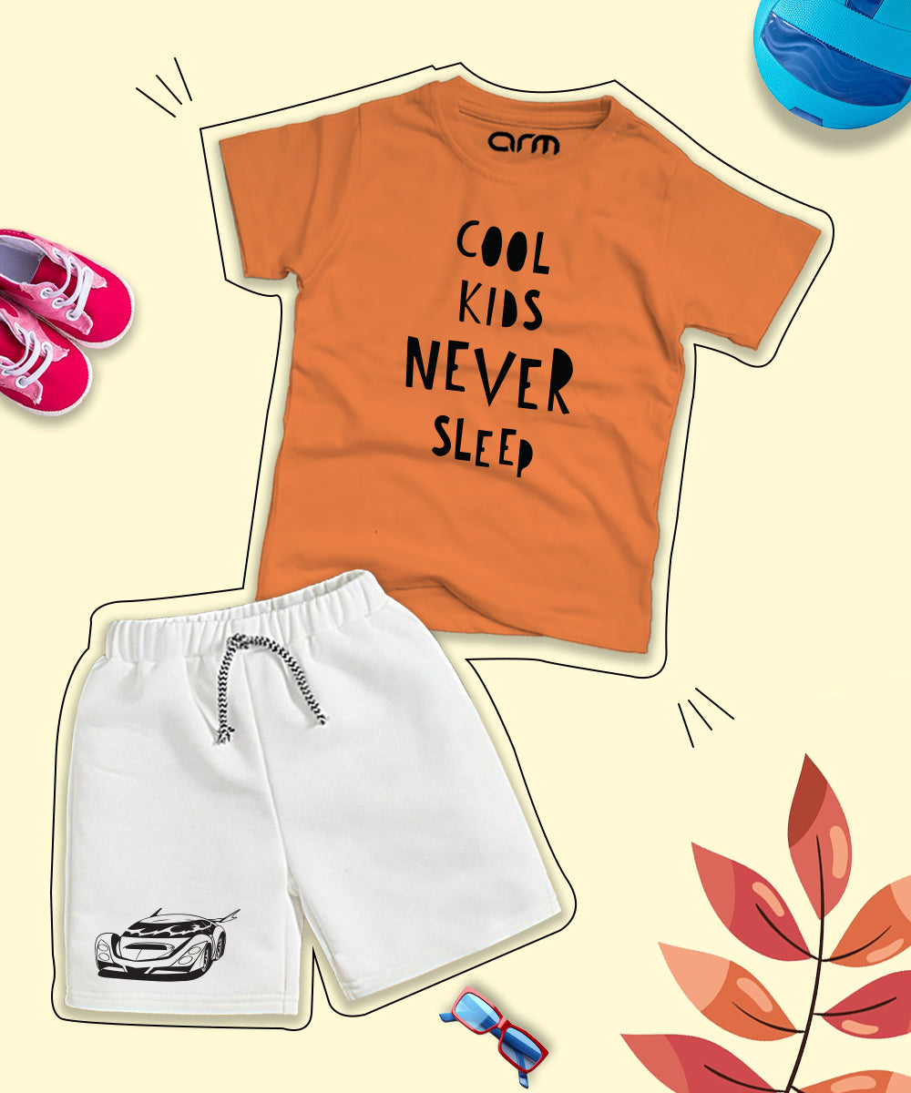 Orange Graphic Cool Kids Never Sleep Printed T-Shirt & White Short Set