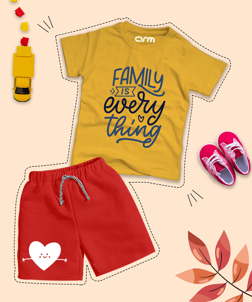 Yellow Graphic Family is Every Thing Printed T-Shirt & Red Short Set