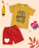 Yellow Graphic Family is Every Thing Printed T-Shirt & Red Short Set