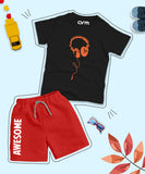 Black Graphic Head Phone Printed T-Shirt & Red Short Set