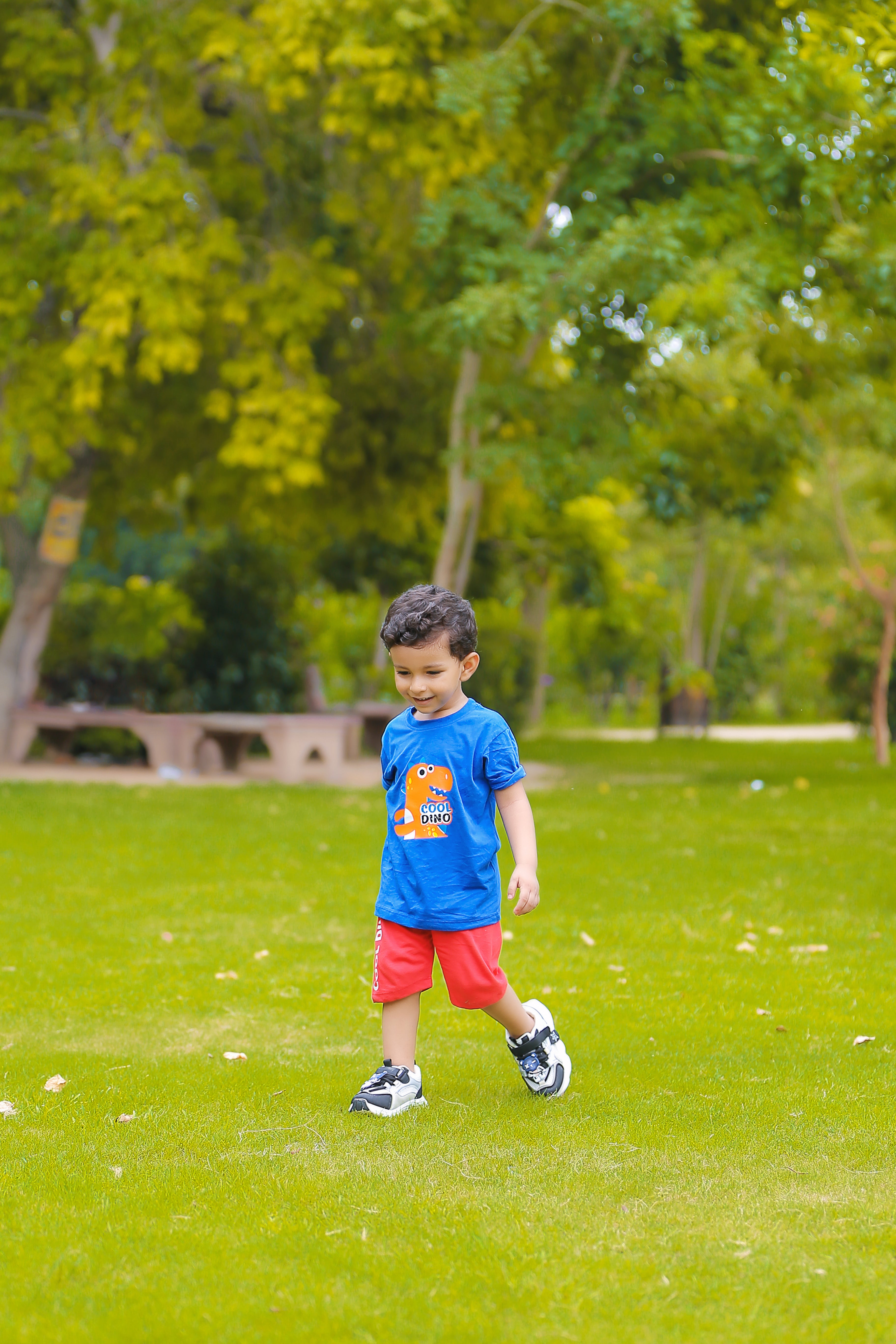 Blue Graphic Cool Dino Printed T-Shirt & Red Short Set