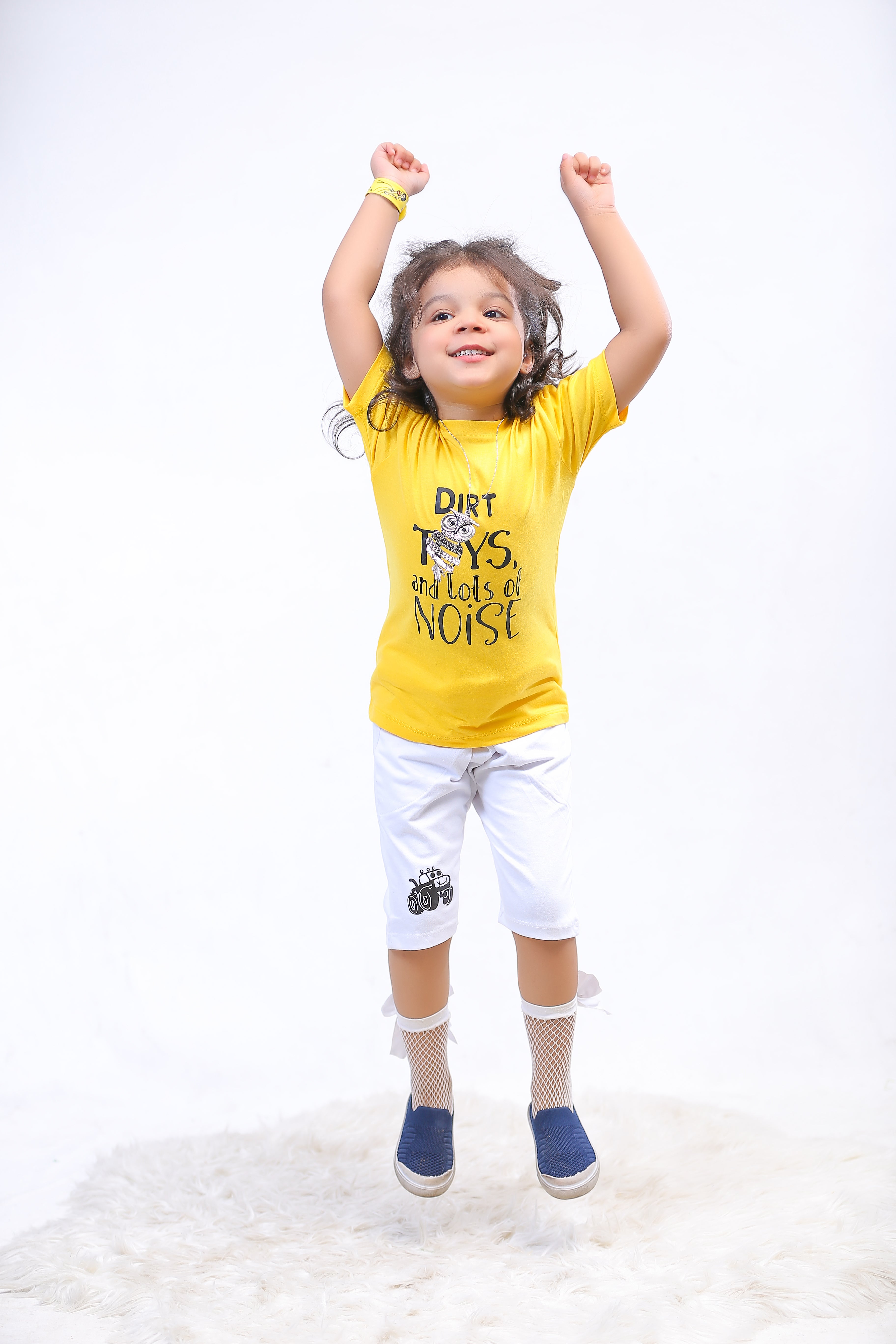 Yellow Graphic Dirt Toys Printed T-Shirt & White Short Set