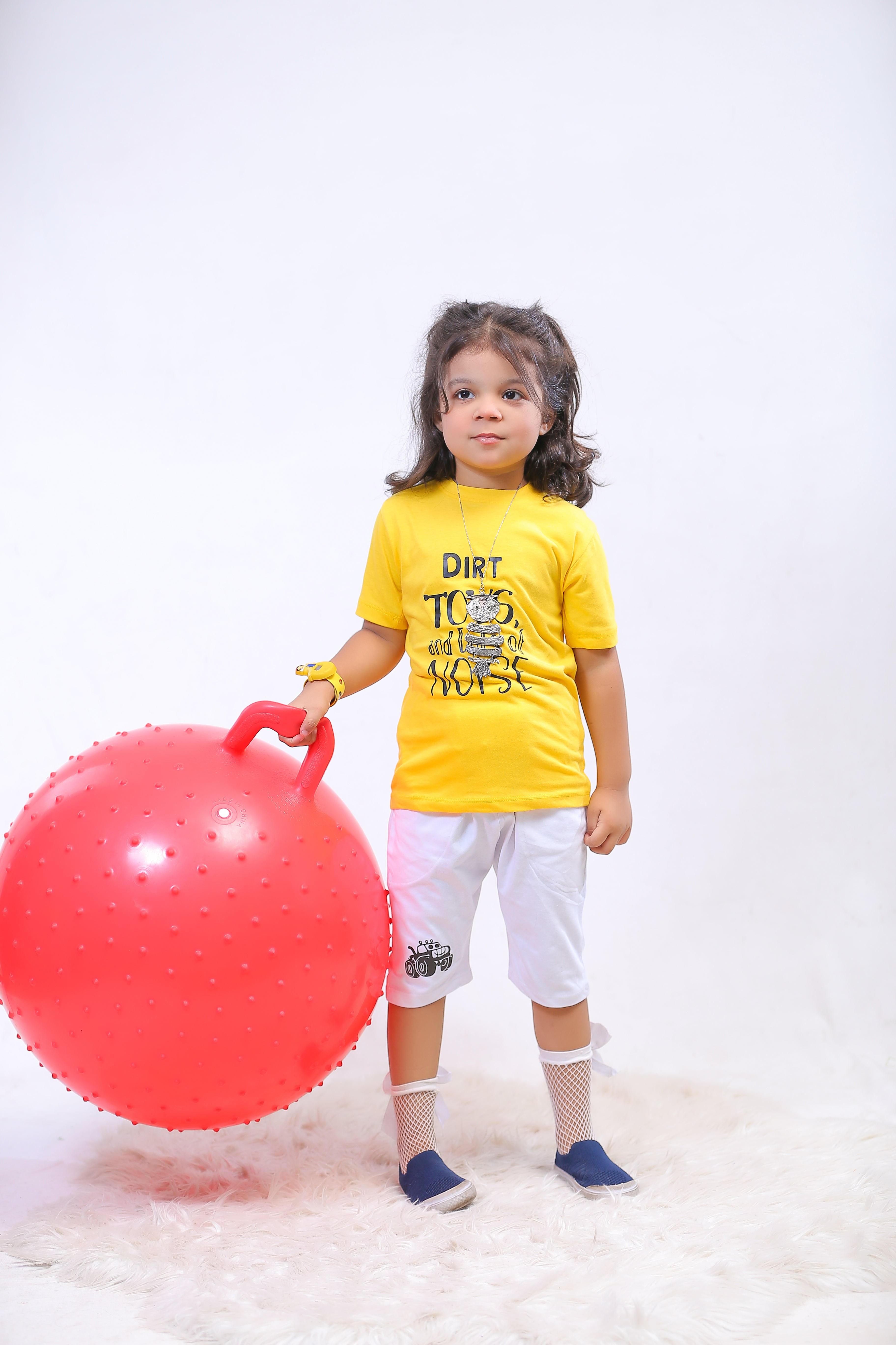 Yellow Graphic Dirt Toys Printed T-Shirt & White Short Set