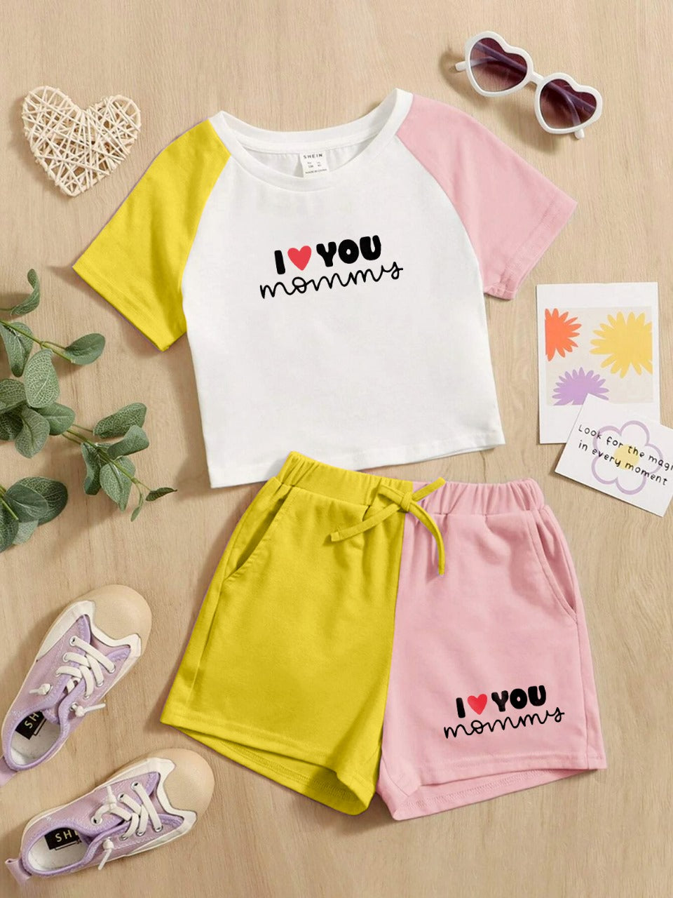 I Love Mommy Pattern T-Shirt & Short Set For Girl
