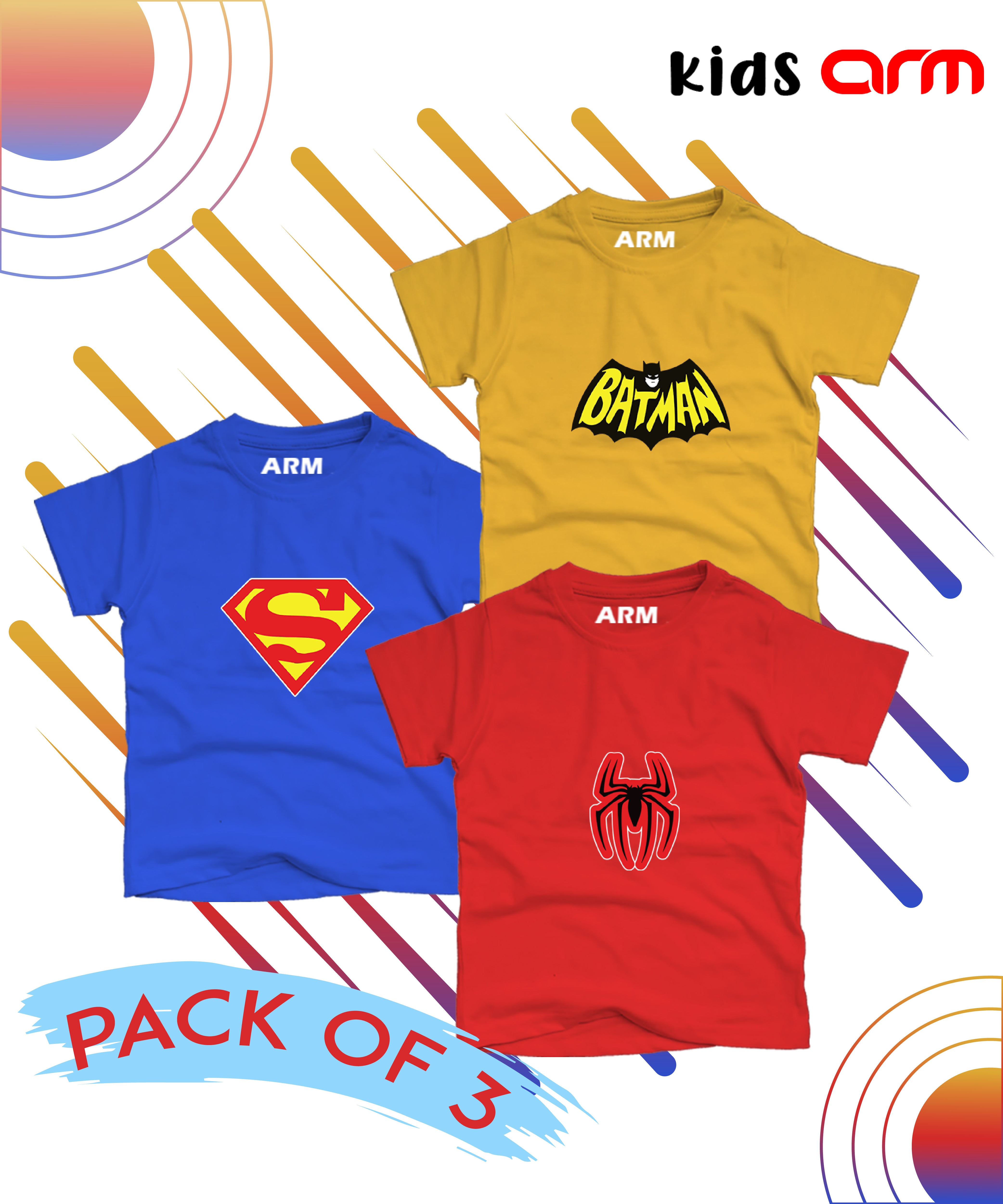 Pack of 3 Super Heroes T-Shirt For Kids - BAT-SUP-SPI_2