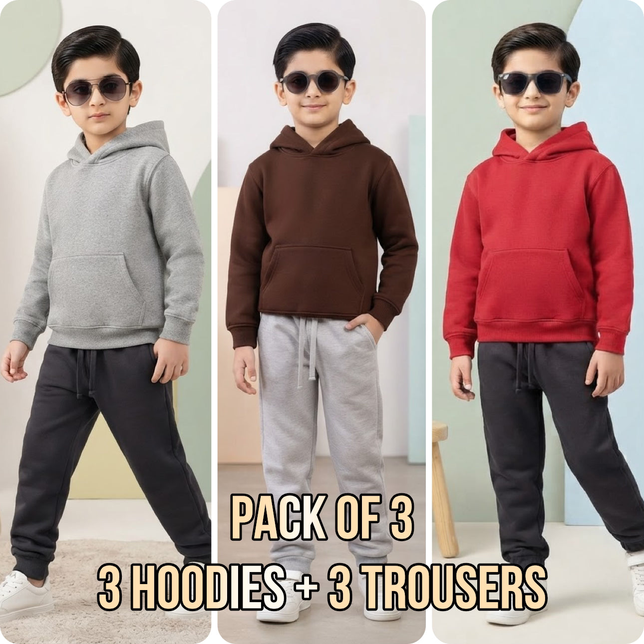 Pack of 3 Basic Hoodie & Trouser Sets for Kids