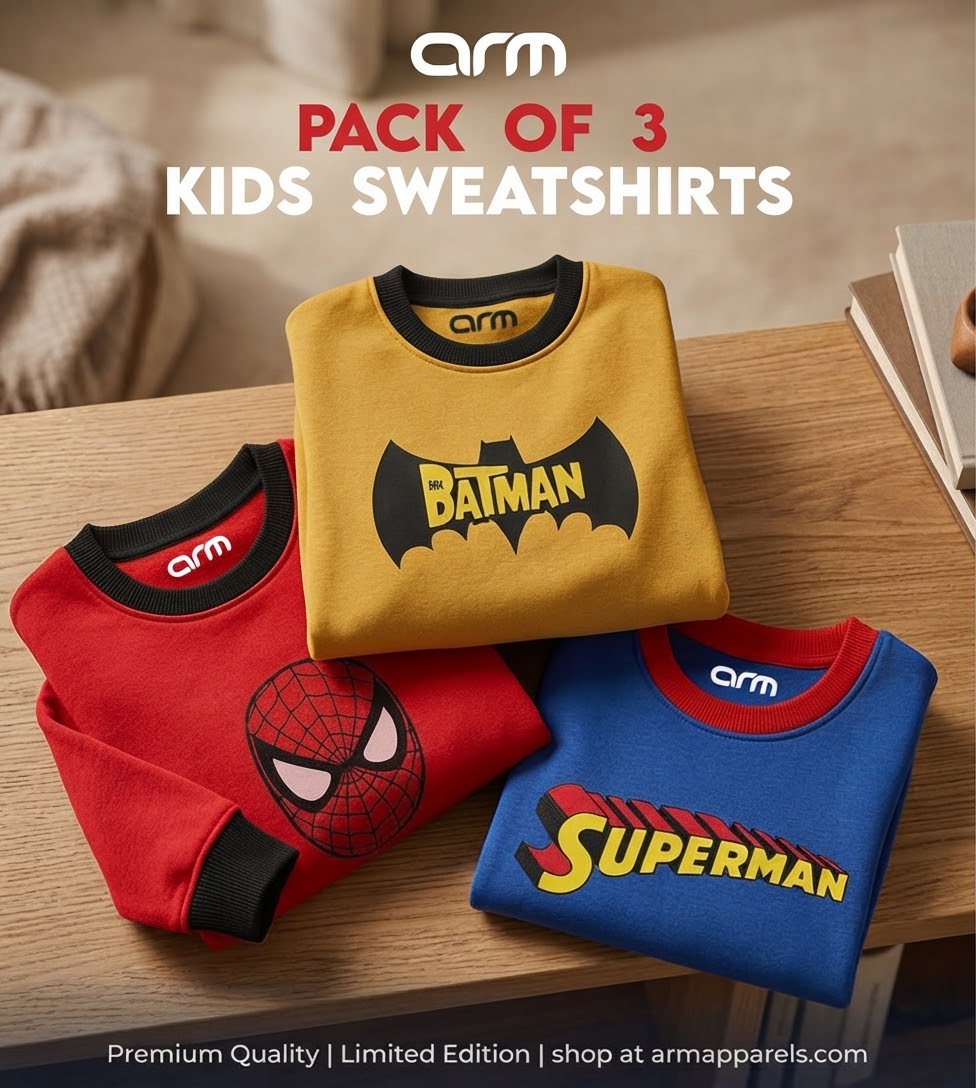Pack of 3 Contrast Rib Super Hero Sweat Shirts (SUP_BAT_SPI-03KFSR)