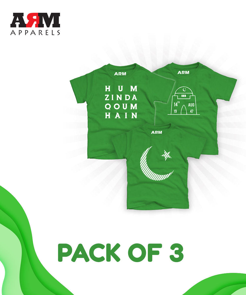 Pack of 3 T-Shirt For Kids - ZINDA-CHAND-QTOMB-GREEN
