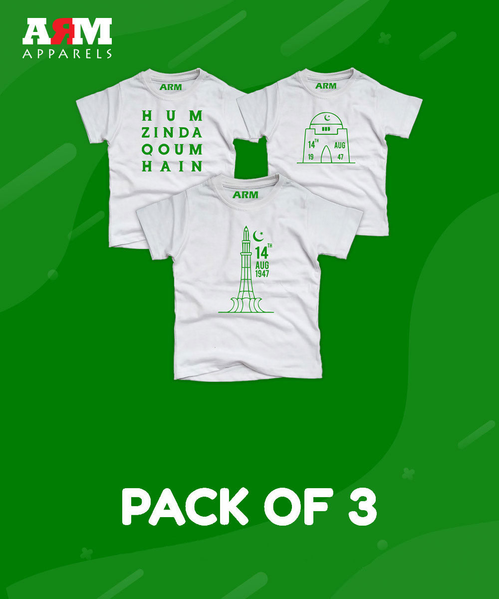 Pack of 3 T-Shirt For Kids - ZINDA-MINAR-QTOMB_White