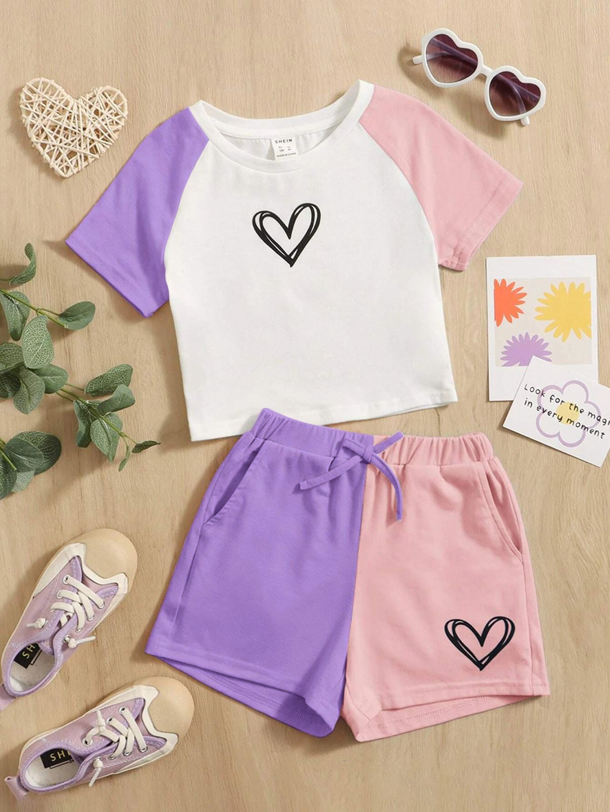Heart Pattern T-Shirt & Short Set For Girl