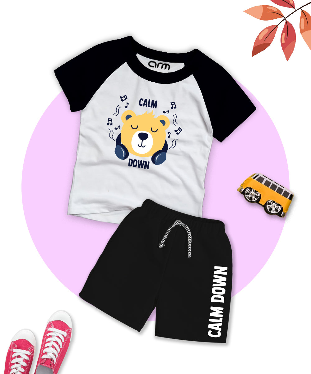 Calm Down Black Printed Raglan Short Set