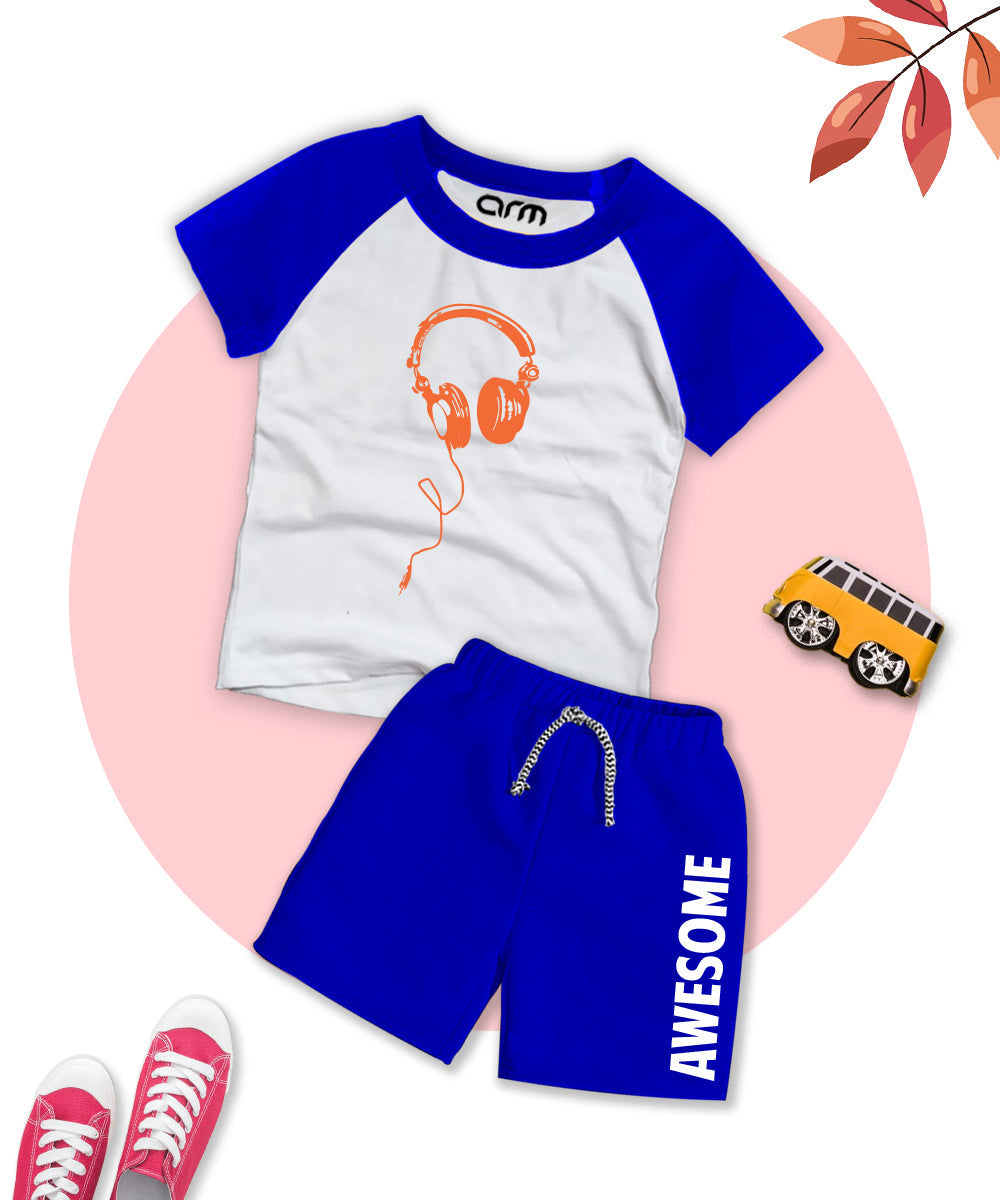 Head Phone Royal Blue Printed Raglan Short Set