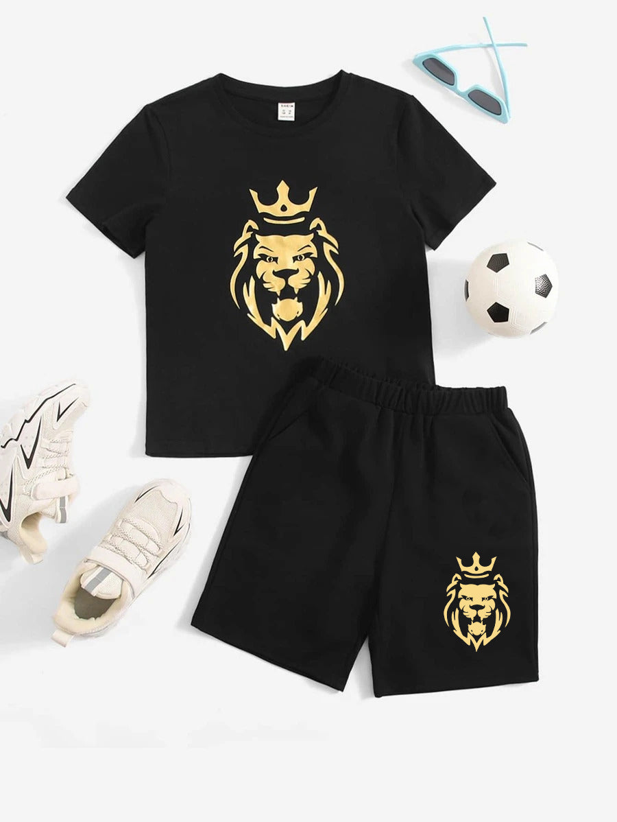 Black Graphic Lion Printed T-Shirt & Black Short Set