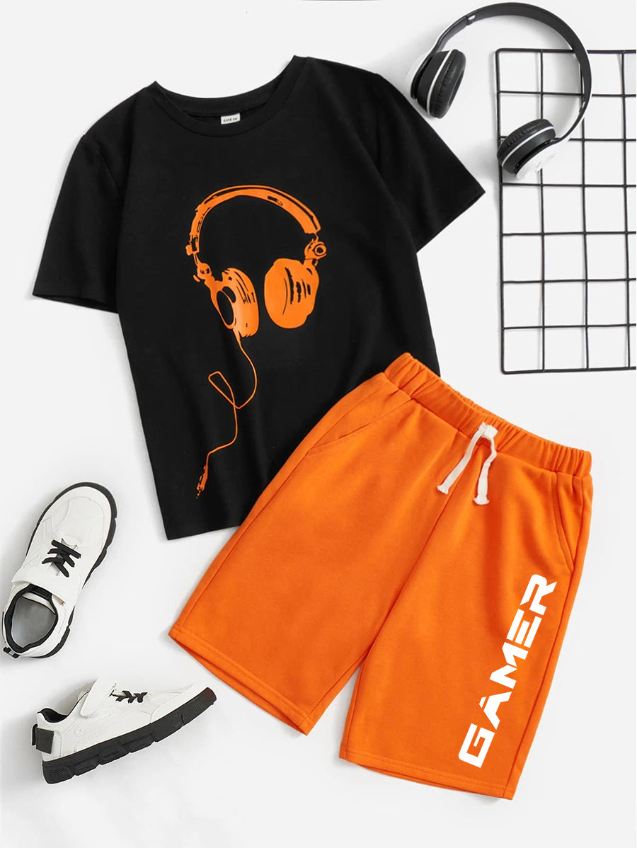 Black Headphone Printed T-Shirt & Orange Plain Short Set
