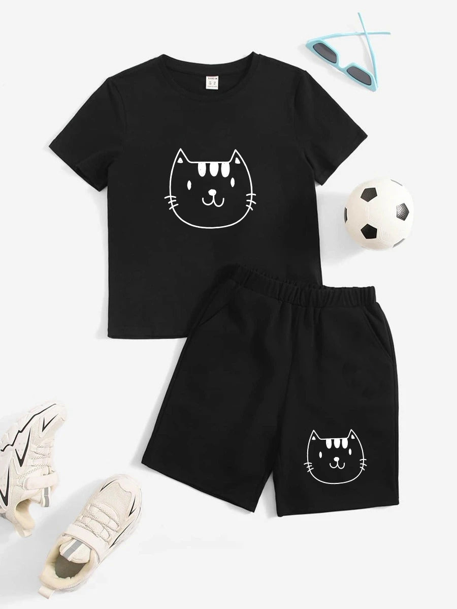 Black Catty Printed T-Shirt & Black Short Set