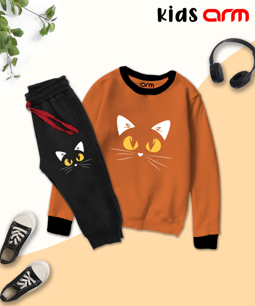 Cat Face Contrast Tracksuit for Kids
