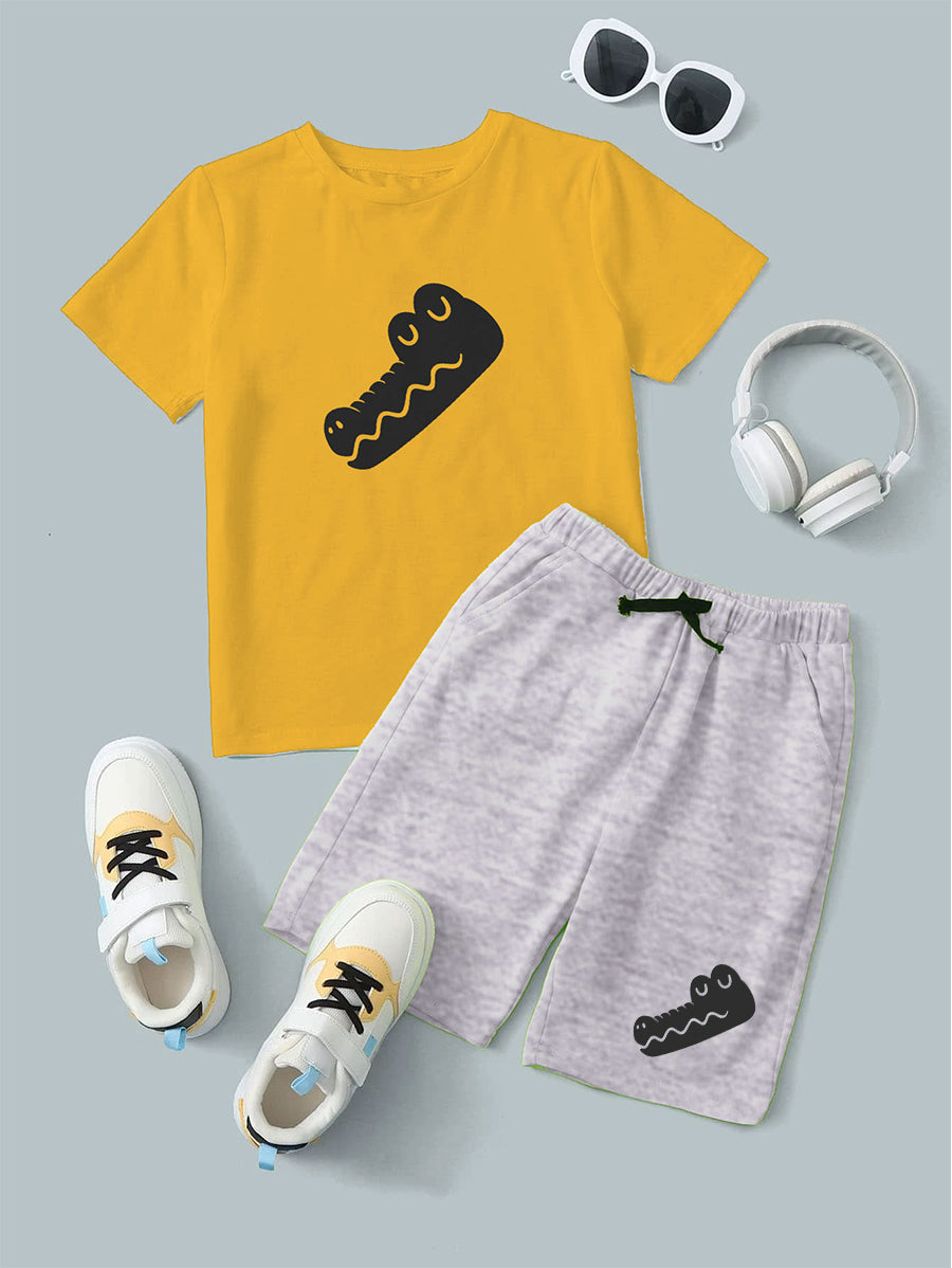 Yellow Graphic Crocodile Printed T-Shirt & Black Short Set