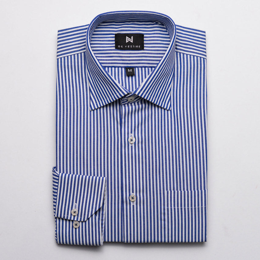 Navy Blue & White Narrow Striped Shirt For Men By Devestire