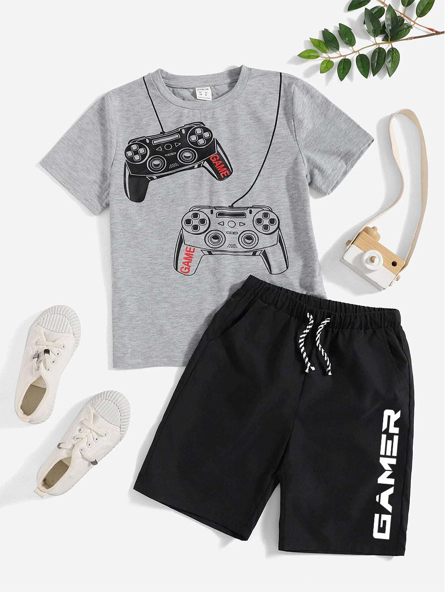 Heather Gray Graphic Double Joystick Printed T-Shirt & Black Short Set