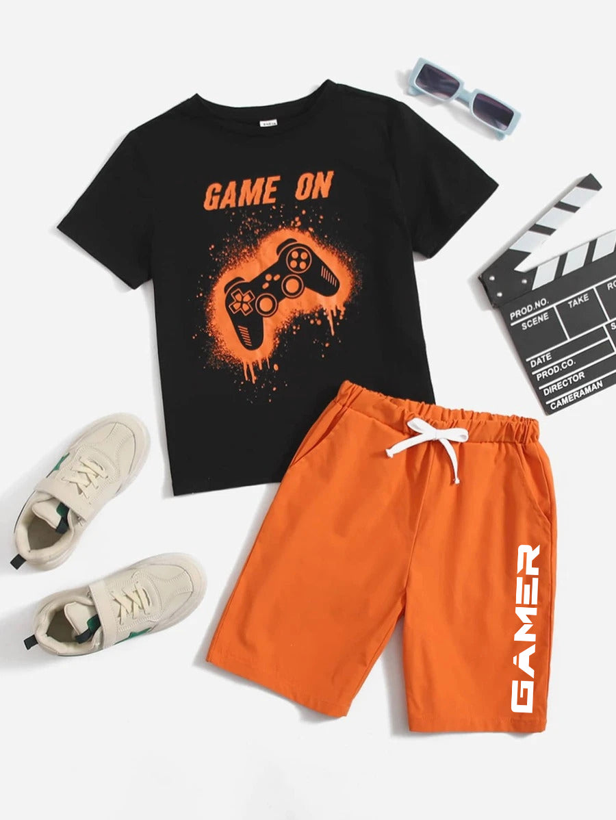 Black Graphic Game On Printed T-Shirt & Orange Short Set