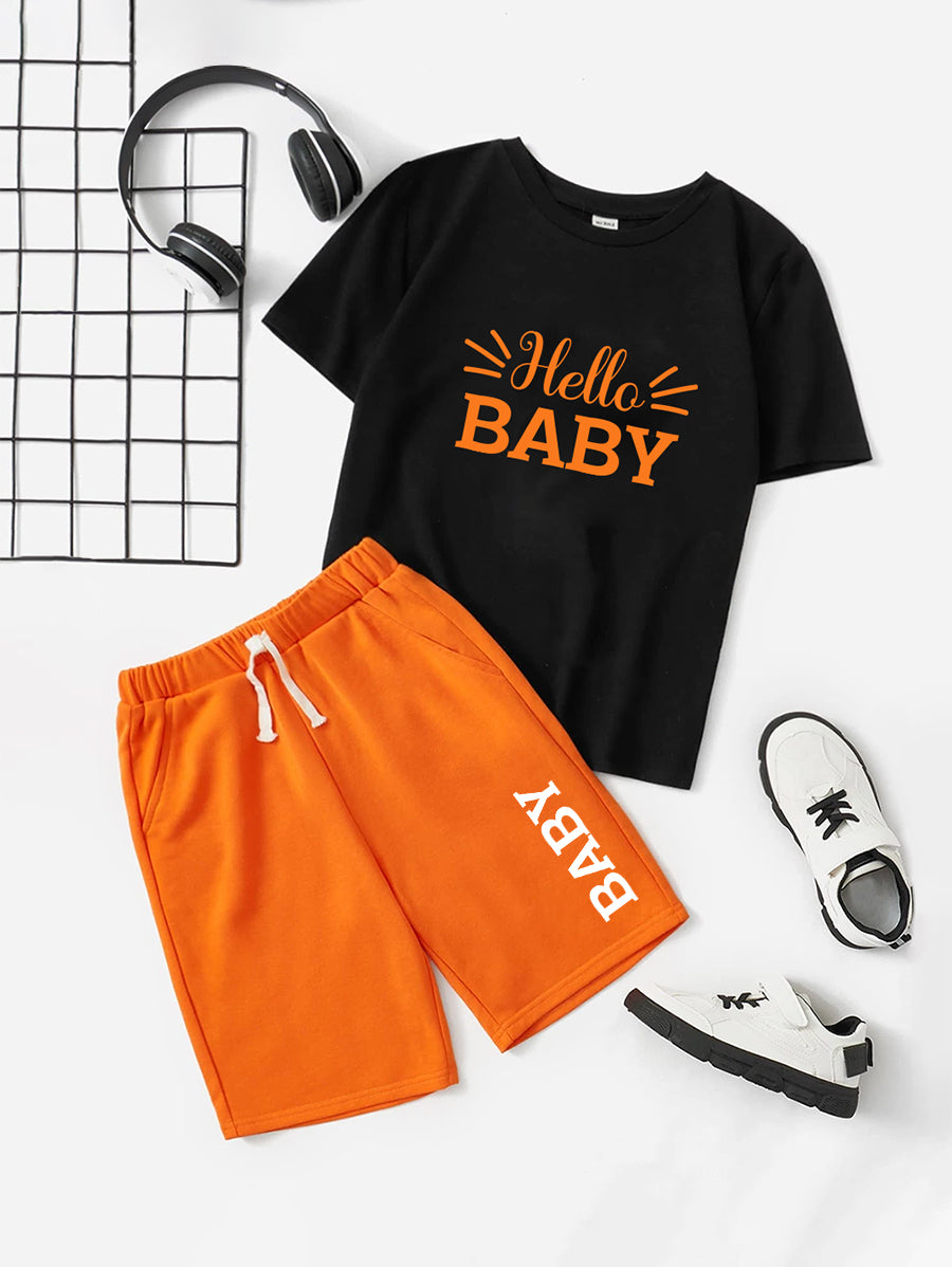Black Hello Baby T-Shirt & Orange Printed Short Set