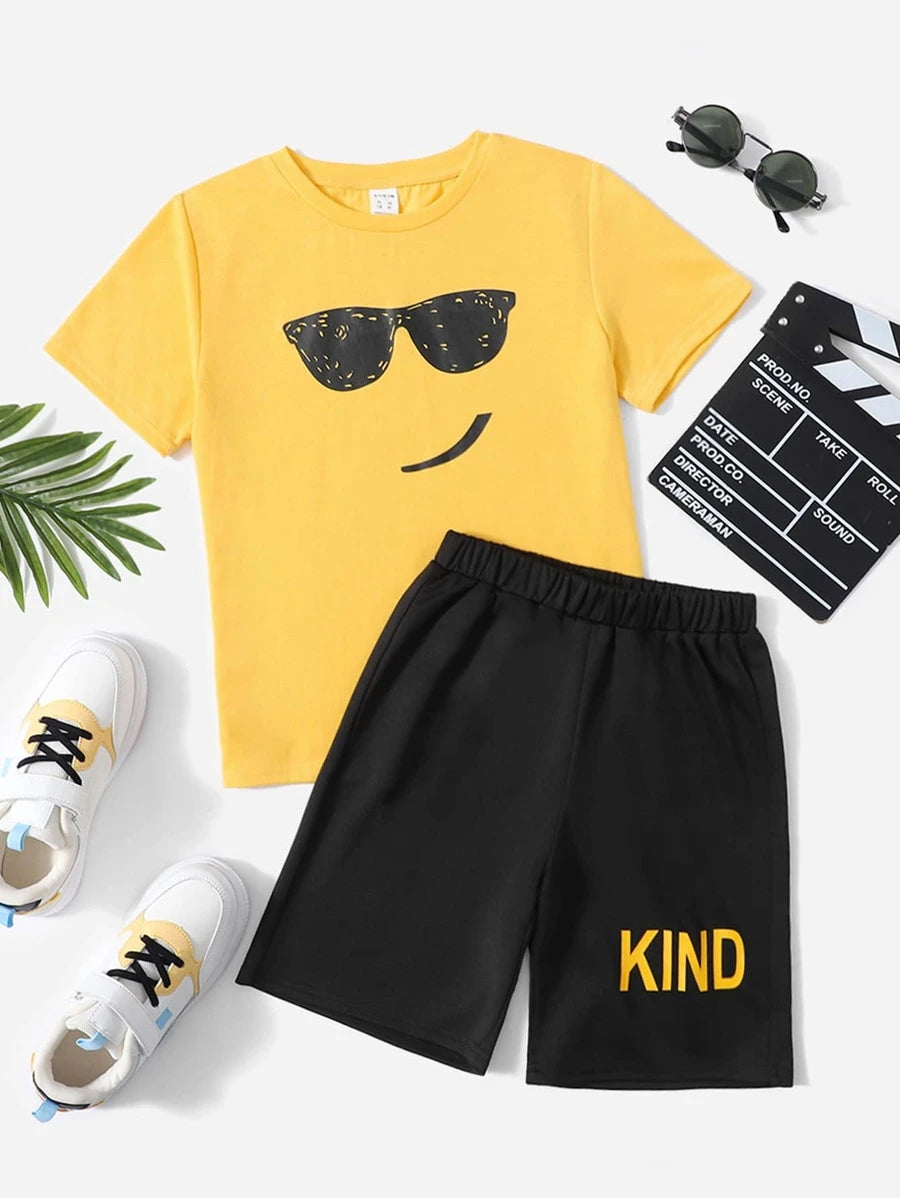 Yellow Graphic Cool Smily Printed T-Shirt & Kind Printed Black Short Set