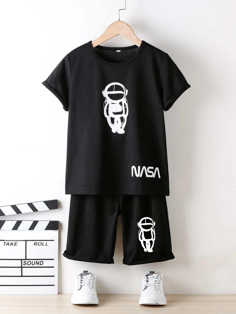 Black Graphic NASA Robot T-Shirt & Black Short Set