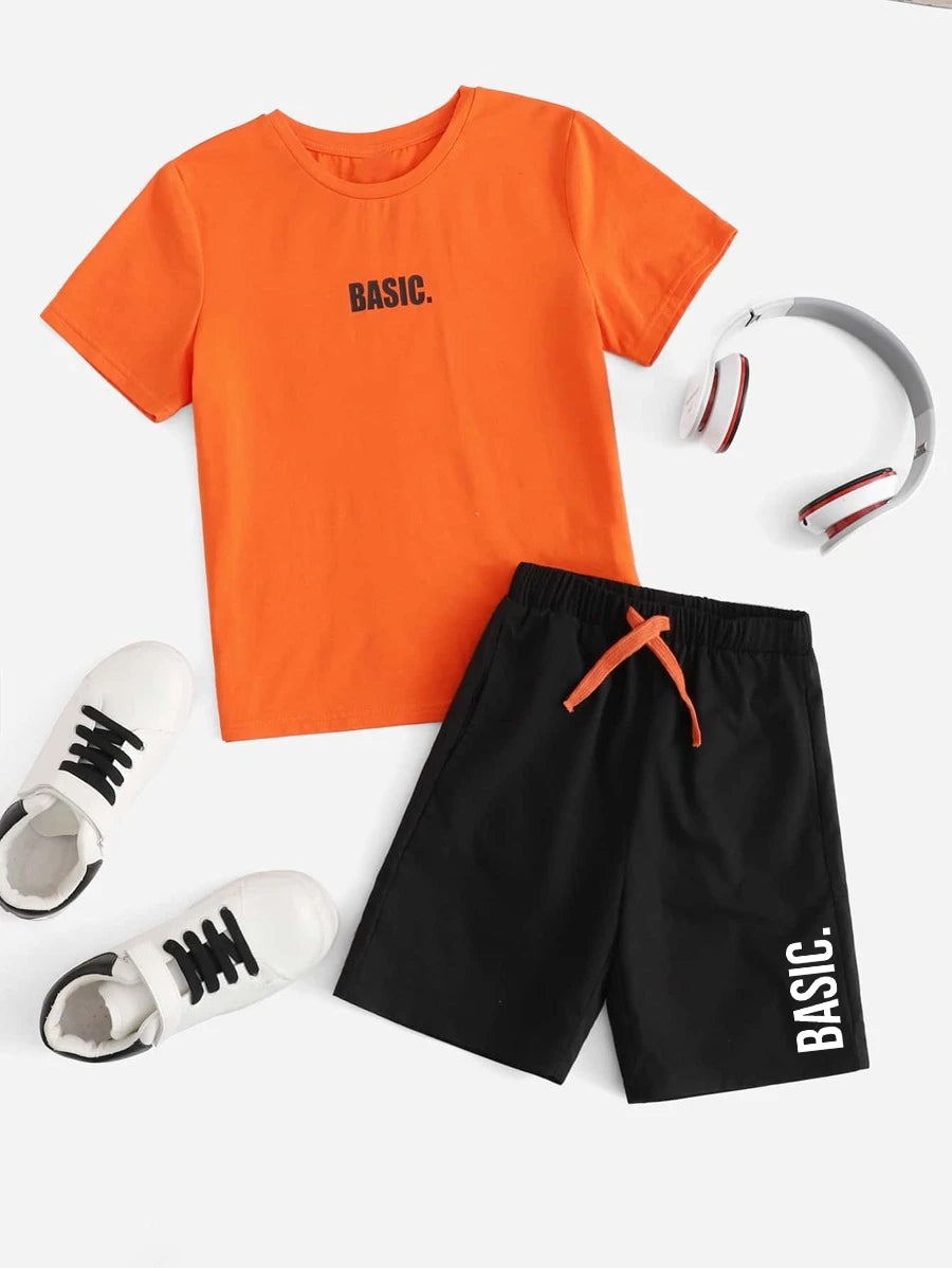 Basic Graphic Printed T-Shirt & Black Short Set
