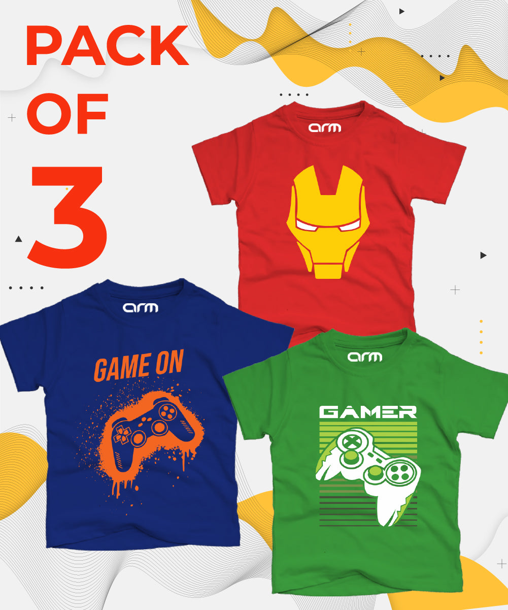 Pack of 3 T-Shirt For Kids - (GAMEON-GAMER-IRONMAN)