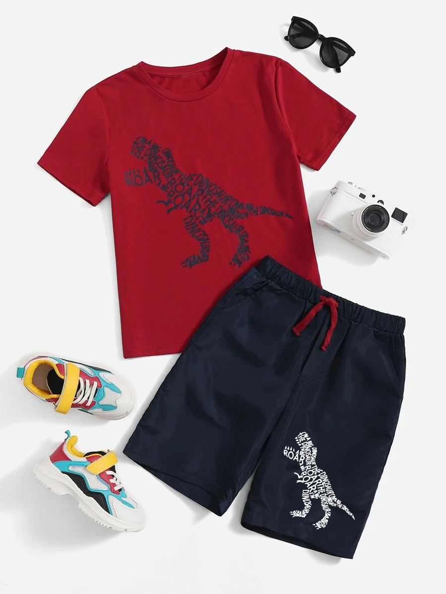 Red Graphic Dinosour Printed T-Shirt & Black Short Set