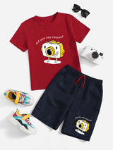 Red Say Cheese On Printed T-Shirt & Black Short Set