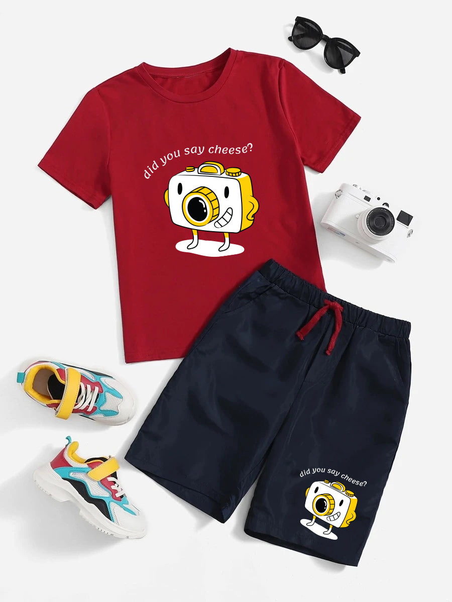Red Say Cheese On Printed T-Shirt & Black Short Set