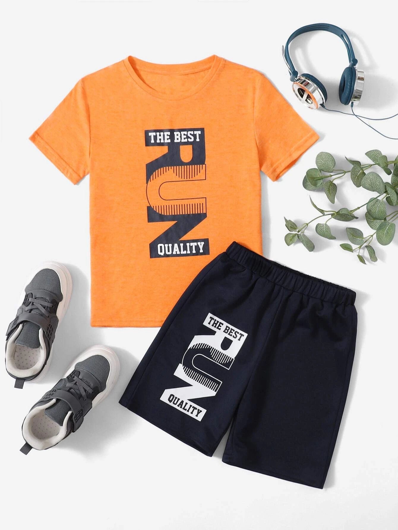 Orange Graphic Run Printed T-Shirt & Black Short Set