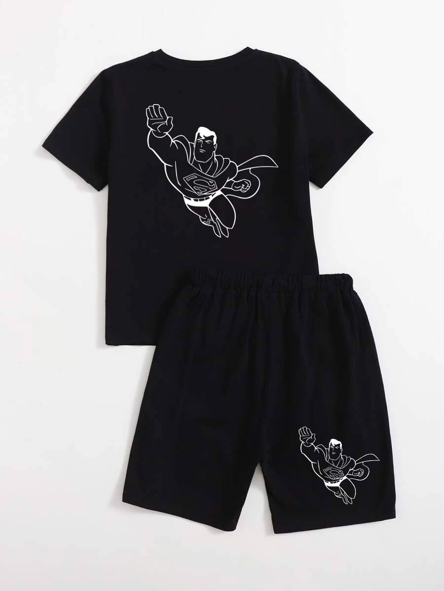 Black Graphic Superman Printed T-Shirt & Plain Short Set