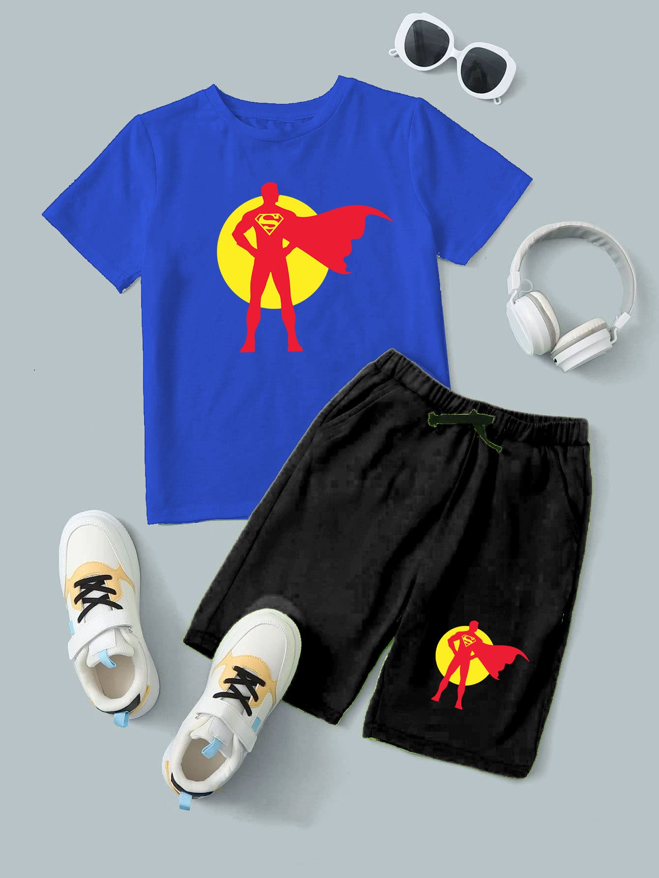 Royal Blue Superman Printed T-Shirt & Black Superman Short Set