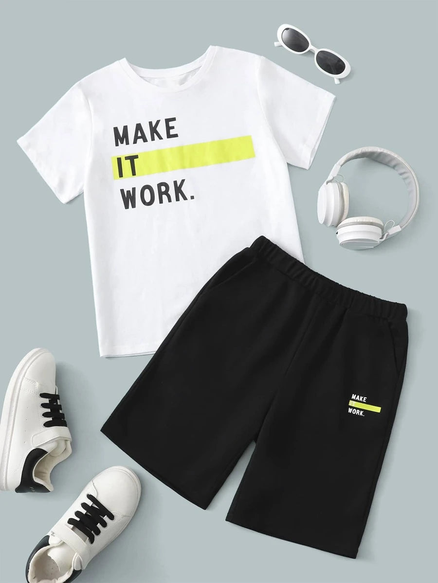 White Graphic Printed T-Shirt & Black Short Set