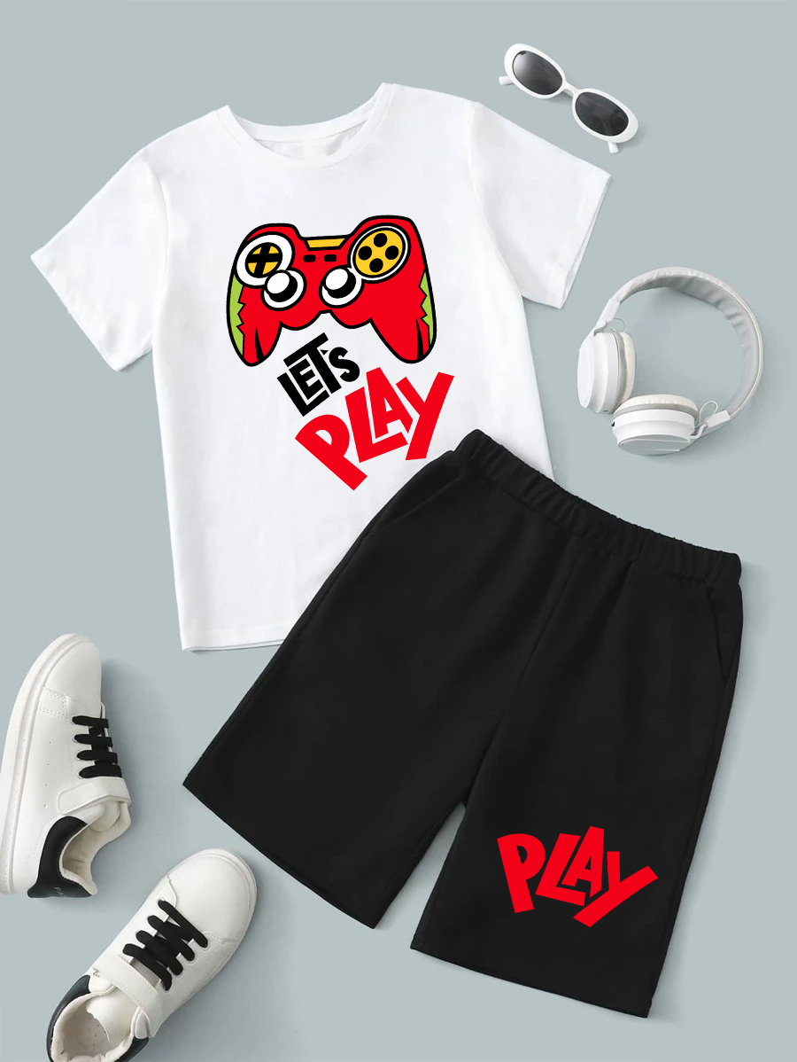 White Lets Play Printed T-Shirt & Black Play Short Set